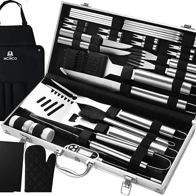 M MCIRCO 32PCS BBQ Grill Tools Set,Stainless Steel Grilling Accessories with Case, Storage Apron, Grill Mats, Thermometer for Backyard Barbecue Camping