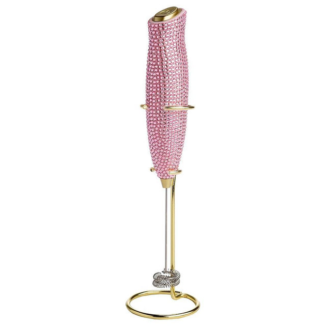 Paris Hilton Electric Rhinestone Handheld Milk Frother with Double Coil Head Whisk and Gold Metal Stand, Battery Powered (2 AA Batteries Required but Not Included), Pink