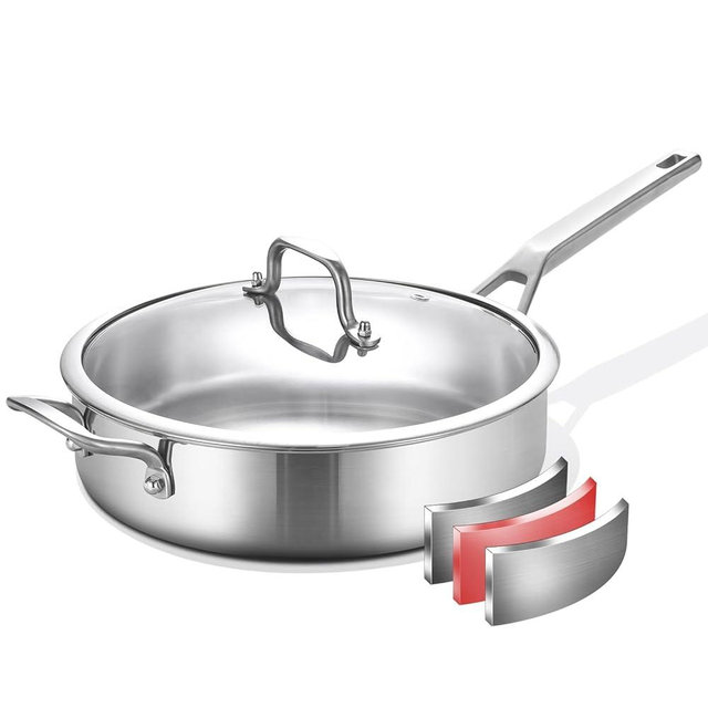 Yeksum Tri-Ply Stainless Steel Saute Pan 7 Quarts, 12 Inch Deep Frying Pan with Lids, 3-layer Large Frying Pan Skillet with Stay Cool Handle, Saute Pan with Lid, Induction Pan, Works on All Cooktops