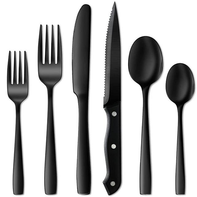 NETANY 24 Pieces Black Silverware Set, Black Flatware Set, Food-Grade Stainless Steel Cutlery Set for 4, Tableware Eating Utensils, Mirror Finished, Dishwasher Safe