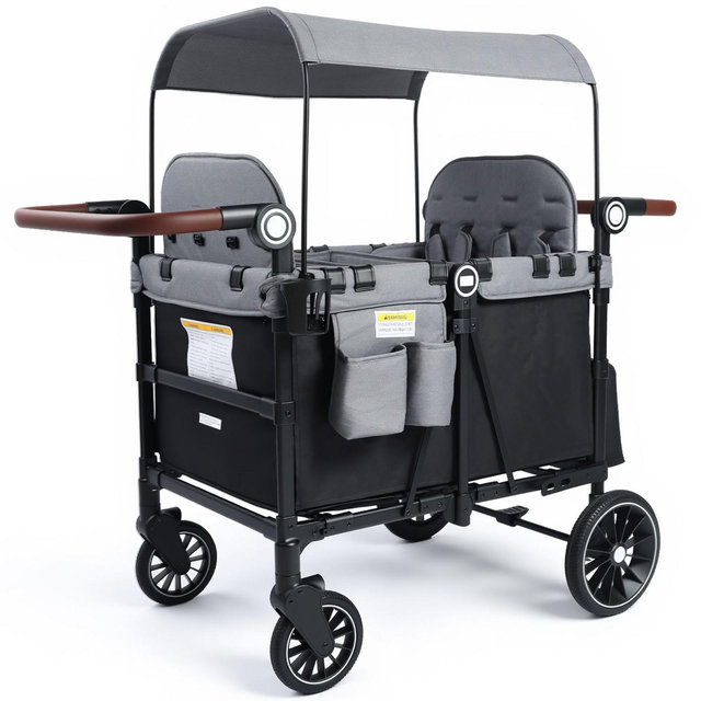 Kinder King All-Terrain Stroller Wagon for 4 Kids with Canopy, Shock-Absorbing Wheels, Snack Tray, Storage Bag & Adjustable Handle, Black & Gray