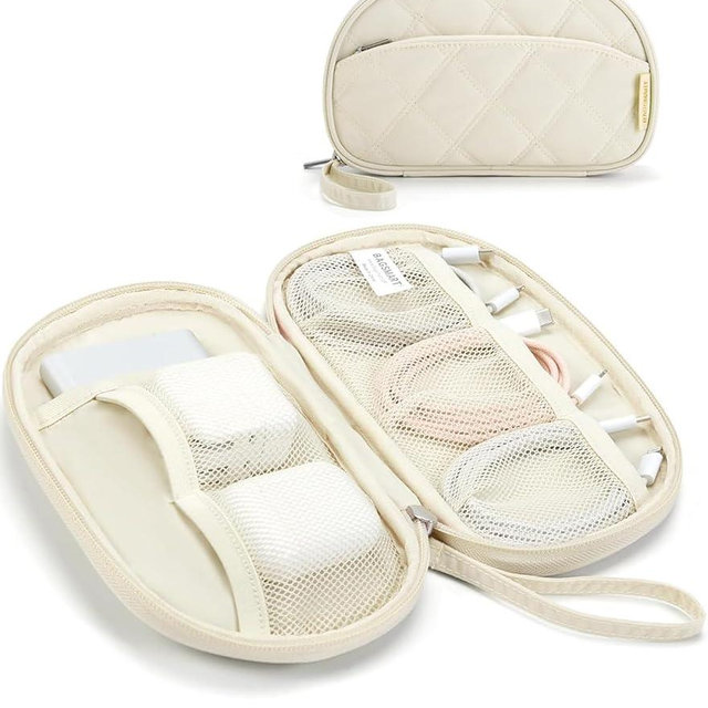 BAGSMART Travel Cord Organizer Electronics Organizer Travel Case, Puffer Cable Organizer Bag Travel Essentials for Women, Small Tech Organizer Travel Case for Charger, Cable, Phone, Flash Drive Beige