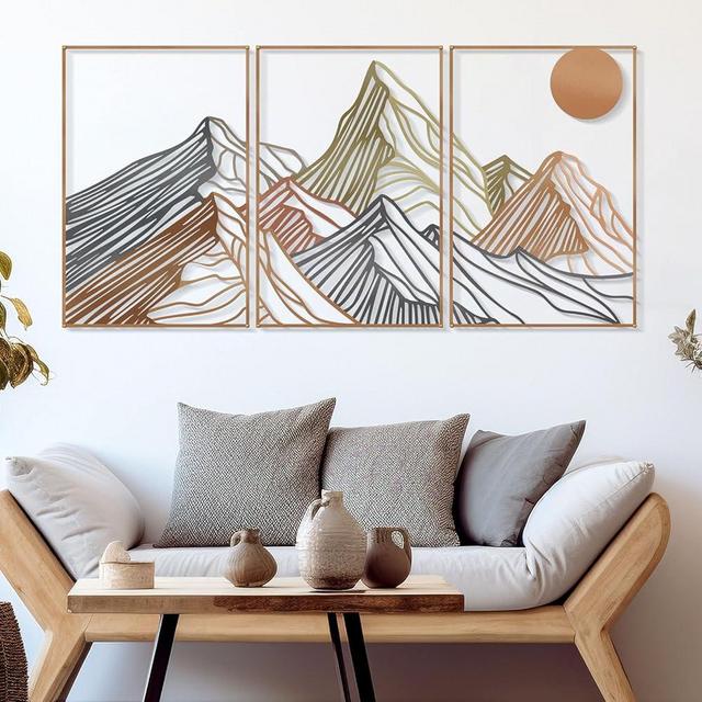 Zzbakress 3 Pcs Colorfor Mountain Metal Wall Decor - Minimalist Sunrise Line Art Abstract Living Room Rustic Bathroom Large Wall Art (Vivid)