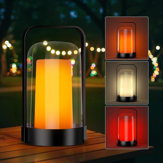 NiceBuy Cordless LED Outdoor Table Lamp with Flame & RGB, Flickering Flame Night Light, Rechargeable Portable Outdoor Camping Lantern Light for Patio Garden Camping Bar​ Bedroom