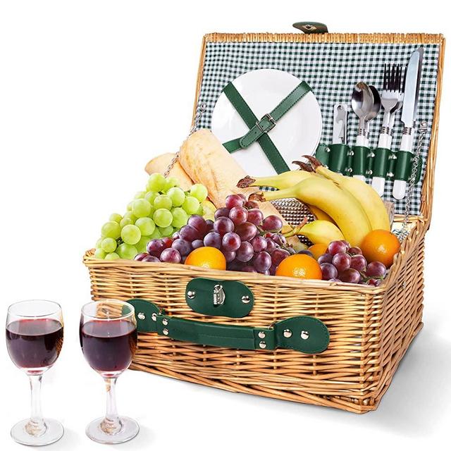 Handmade Wicker Picnic Basket for 2 with Insulated Cooler, Ceramic Plates, Utensils & Wine Glasses - Perfect Picnic Set for Camping, Outdoors, Photoshoot, or a Birthday, Valentine’s Day, Wedding Gift