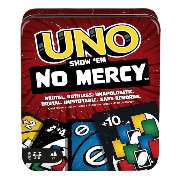 Mattel Games UNO Show ‘em No Mercy Card Game in Storage & Travel Tin for Kids, Adults & Family Night with Extra Cards, Special Rules & Tougher Penalties (Amazon Exclusive)