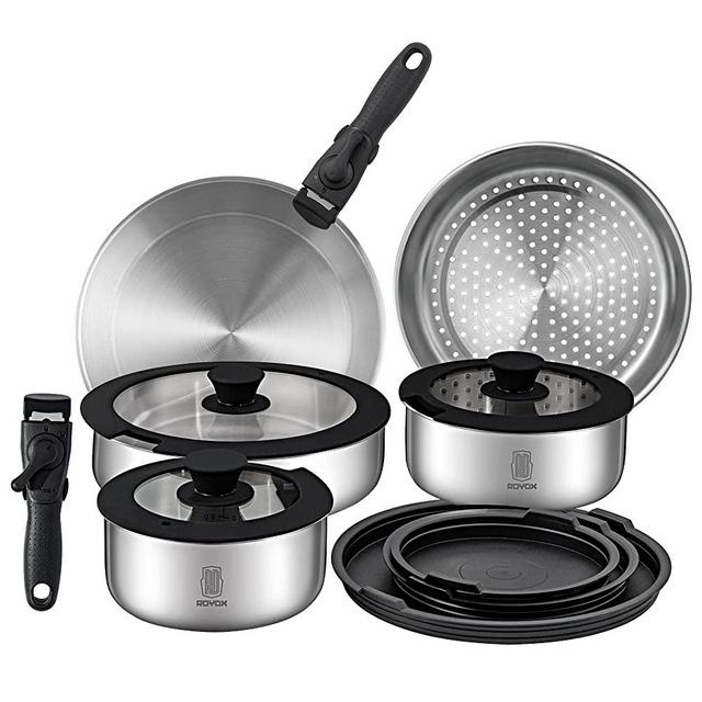 16 Piece Stainless Steel Cookware Set, Kitchen Removable Handle Stackable Pots and Pans Set, Frying Pans Saucepans with Lid, Stay-Cool Handles for All Stoves, Dishwasher/Oven Safe Camping Space Saving