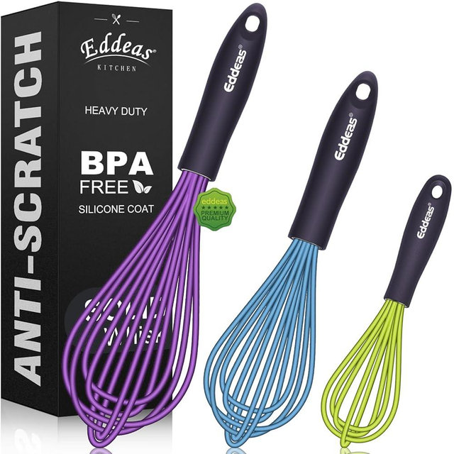 Silicone Whisk, Eddeas Non Scratch Coated Whisks for Cooking Baking Balloon wisk, Kitchen Whisk Set of 3 Size 7.5"+ 9" +11"