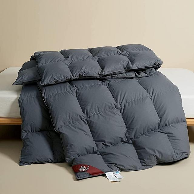 Airluck Luxury Feather Down Comforter Queen/Full Size, Medium Warm All Seasons Duvet Insert Filling with 50oz Greyduck Feather and Down,Ultra-Soft Down Proof Cotton Cover with Corner Tabs(Gray)