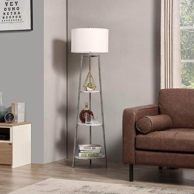 ROSEN GARDEN Floor Lamp, Standing Reading Light with Faux Marble Shelves and Fabric Shade, Modern Tall Pole Lamp, Accent Furniture Décor Lighting for Living Room, Bedrooms Silver