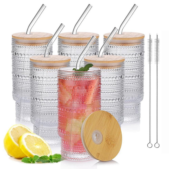 Salpae 16oz Glass Cups with Lids and Straws, 6 Pack Vintage Drinking Glasses Tumblers Polka Dot Iced Coffee Cups for Kitchen, Home, Office, Gifts
