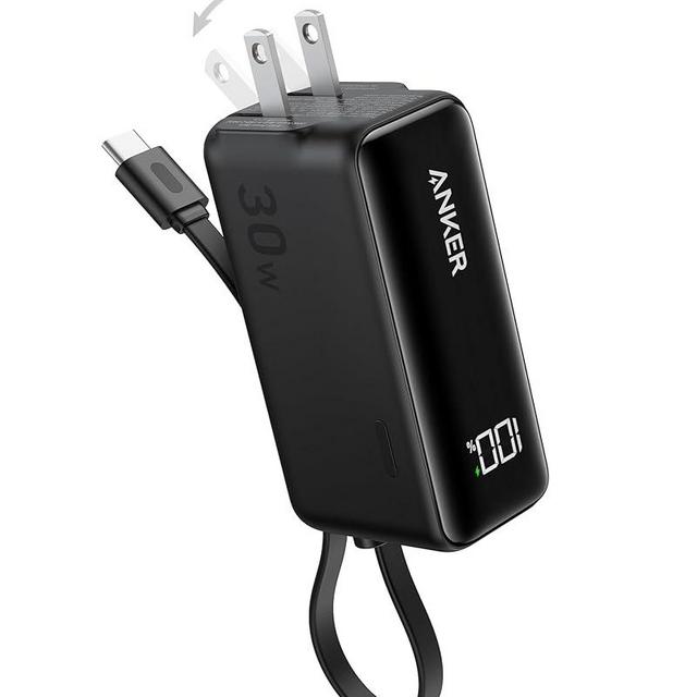 ANKER Power Bank USB C Charger Block, 3-in-1 5,000mAh Portable Charger with Built-in USB-C Cable and Foldable AC Plug, 30W Max Compact Battery Pack, for iPhone 15 Series, Galaxy, MacBook, and More