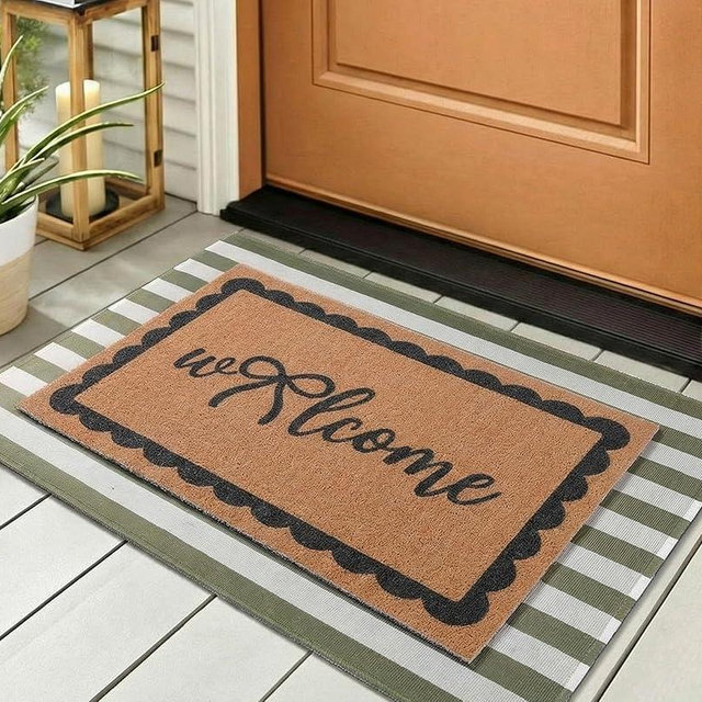 Tinideya 2 Pcs Bow Welcome Front Door Mats Combo Set Layered Sage Green Stripe Welcome Mat Non Slip Doormat Outdoor Entryway Decor Floor Rugs for Bathroom Spring Front Porch Entryway Home