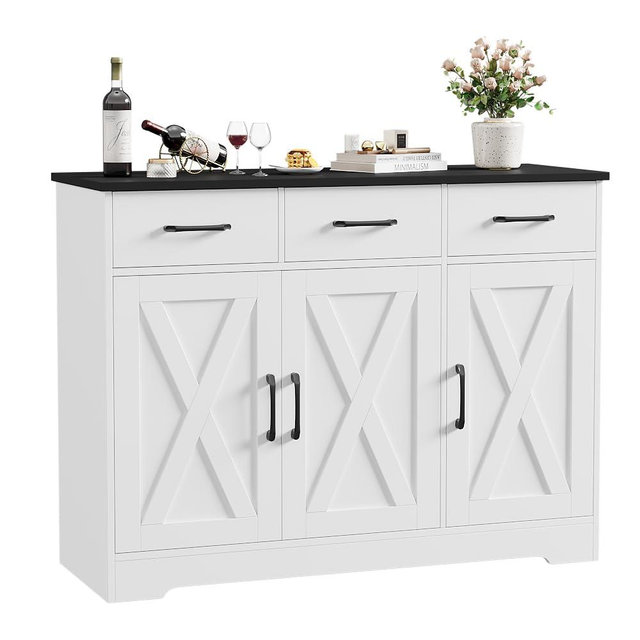 HOSTACK Modern Farmhouse Buffet Sideboard Cabinet, Barn Doors Storage Cabinet with Drawers and Shelves, Wood Coffee Bar with Storage for Dining Room, Kitchen, Living Room, White/Black