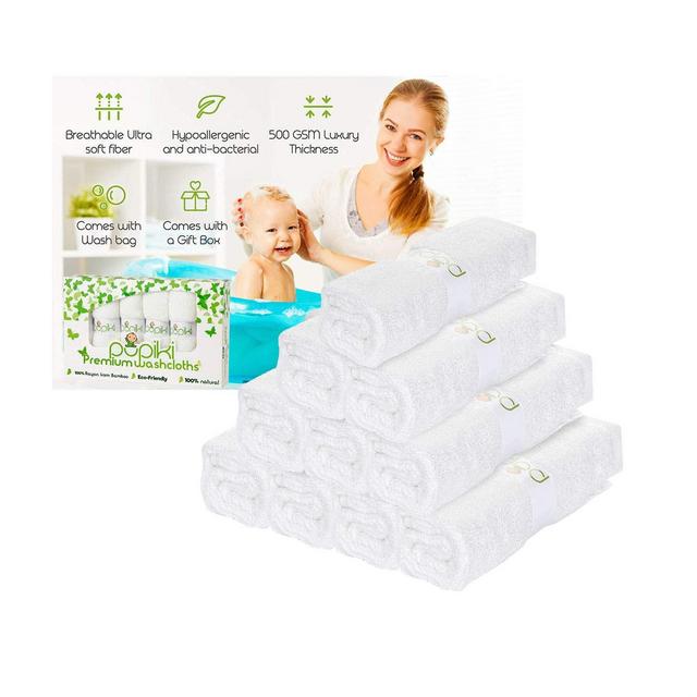 Pupiki Baby Washcloth (10 Pack): Ultra-Soft 100% Organic Bamboo Baby Washcloths + Wash Bag Hypoallergenic Reusable Extra-Absorbent 10”X10” Newborn Towel for Boys & Girls Great Baby