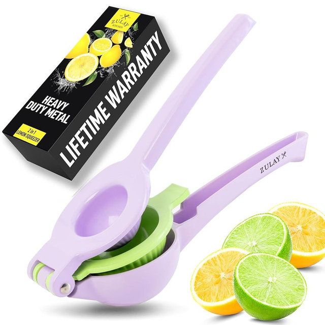Zulay Kitchen Metal 2-in-1 Lemon Squeezer - Sturdy Max Extraction Hand Juicer Lemon Squeezer Gets Every Last Drop - Easy to Clean Manual Citrus Juicer - Easy-Use Lemon Juicer Squeezer - Purple/Lime