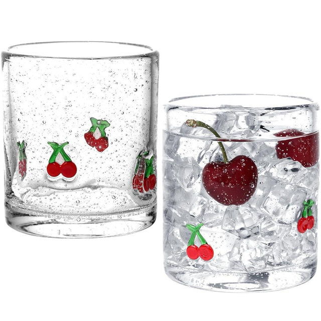 JOVGANK 2 Pcs Cherry Icon Juice Glasses, 14oz Cherry Stemless Wine Drinking Juice Glass Cup for Summer Fruit Party Supplies Gift