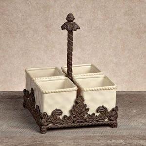 GG COLLECTION Acanthus Flatware Caddy Ceramic Inserts W/ Brown Metal Stand