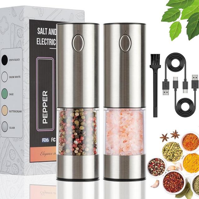 OPIIV 2 Pack Electric Salt and Pepper Grinder Set - USB Rechargeable Automatic Salt Pepper Mill Shaker with LED Light, Adjustable Coarseness, One Hand Operation