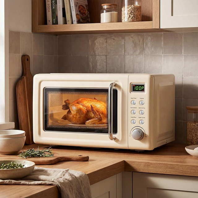 LDAILY 0.7Cu.ft Retro Small Microwave Oven, 700W Compact Countertop Microwave with 5 Power Levels, Auto Cooking Menus, Glass Turntable, Child Lock & Glass Turntable for Apartment, Dorm (Cream White)