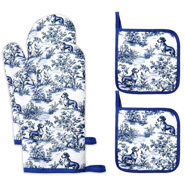 FYSUIMU 4Pcs Chinoiserie Dachshund Oven Mitts and Pot Holders Set Heat Resistant Non-Slip Potholders Blue White Botanical Dog Kitchen Oven Gloves with Hot Pads for Cooking Baking