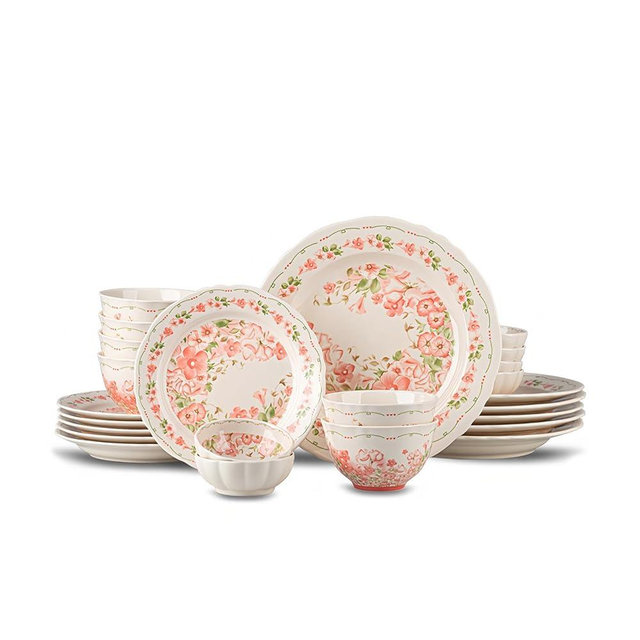 FANGJING 24 Piece Dinnerware Sets for 6， Scratch Resistant,microwave oven and Dishwasher Safe Plates and Bowls Sets Ceramic, Dish Set, Bowl and Plate Set -Pink peach blossom pattern