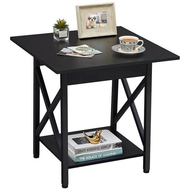 GreenForest End Table Large 24 inch Farmhouse Industrial Design Side Table Nightstand with Storage Shelf for Living Room, Easy Assembly, Black