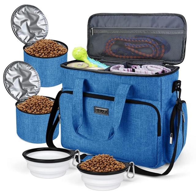 BAGLHER Dog Travel Bag, Pet Travel Bag (All Pet Travel Supplies), with 2 Pet Food Containers and 3 Collapsible Silicone Bowls; Essential Kits for Pet Travel Blue