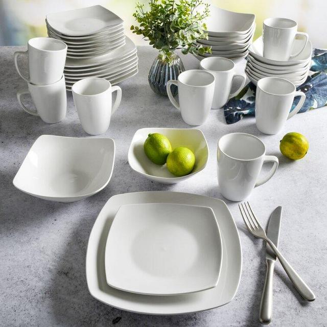 Everyday Square 40-Piece Expanded Dinnerware Set, White Porcelain