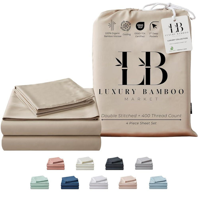 LB Luxury Bamboo Market Split King Size Sheet Set | 2 Fitted Sheets for Sleep Number & Adjustable Beds | Organically Grown | Ultra Soft & Cooling |100% Viscose | 17" Deep Pocket [Dune]