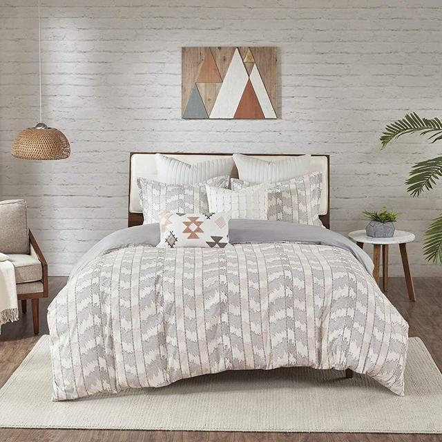 INK+IVY 100% Cotton Duvet Set Jacquard Geometric Design, All Season Comforter Cover Bedding Set, Matching Shams, Full/Queen(88"x92"), Suri Gray/Blush Stripes 3 Piece