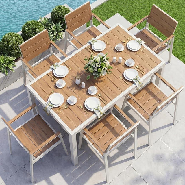 Vexwalx 7-Piece Outdoor Dining Set, Aluminum Dining Table Set for 6, Patio Table and Chairs Set with Umbrella Hole, All Weather HDPS Outdoor Table and Chairs for 6 (White-Teak)