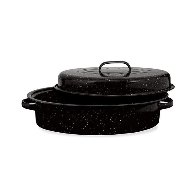 Millvado Granite Roasting Pan, 12 lb Capacity Turkey Roasting Pan with Lid,  16 Granite Oven Roaster Oval Shaped Speckled Enamel on Steel Cookware