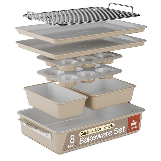 Bakken 8-Piece Ceramic Coated Bakeware Sets, Nonstick Aluminized Steel Pans with Muffin, Loaf, Cake, Roasting Pan, & Cooling Rack, Oven Safe Up To 500°F, Dishwasher Safe, BPA, PTFE & PFAS Free, Cream