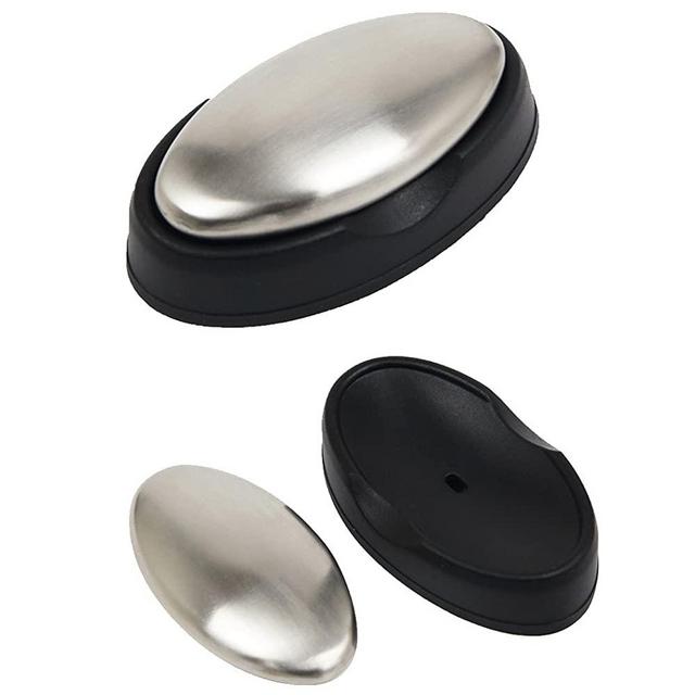 Stainless Steel Soap, Odor Remover Bar-for Fish Cleaner Onion Garlic Fish Other Strong Scents from Hands and Skin Kitchen Gadgets Eliminating Odor Remover with Soap Box (1pcs of Oval with Base)