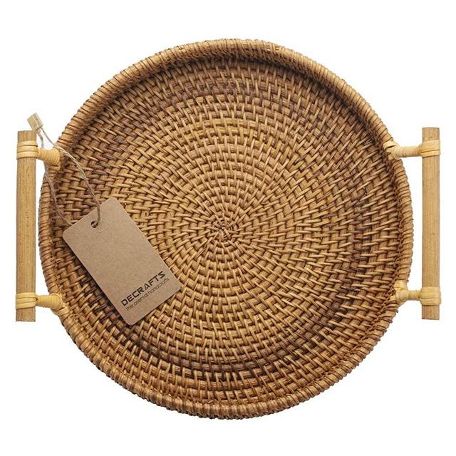 DECRAFTS Small Woven Bread Baskets with Handles Round Rattan Cracker Tray for Serving Dinner Parties Coffee Tea (11 inches Diameter)