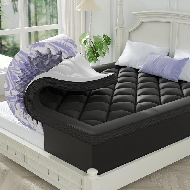 ChiXpace Dual Layer 4 Inch Memory Foam Mattress Topper Queen - 2 Inch Gel Memory Foam and 2 Inch Pillow Top Mattress Pad, 7-Zone Egg Crate Queen Size Mattress Topper (Black-White)
