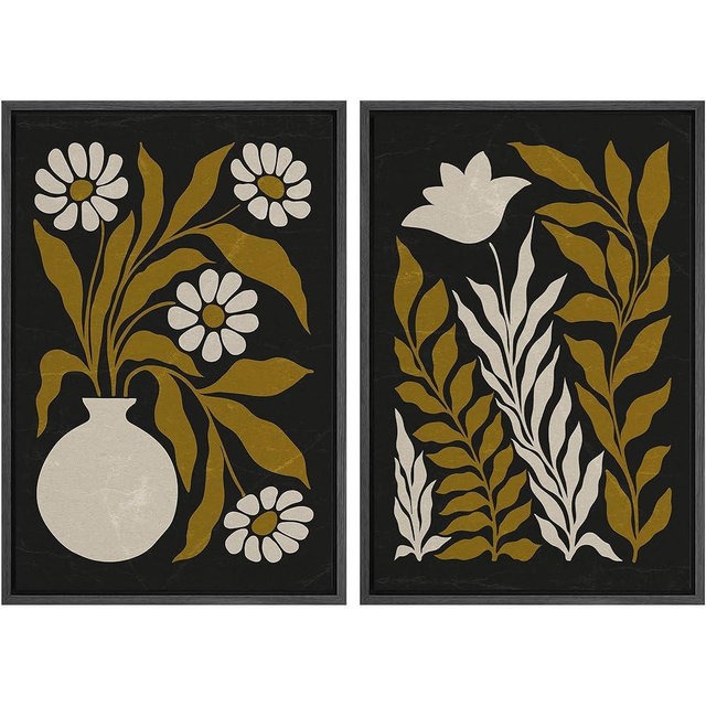 MUDECOR Framed Canvas Print Wall Art Black and Gold Botanical Sophisticated Floral Illustrations Modern Art Decorative Bohemian Colorful Chic for Living Room, Bedroom, Office - 16"x24"x2 BLACK
