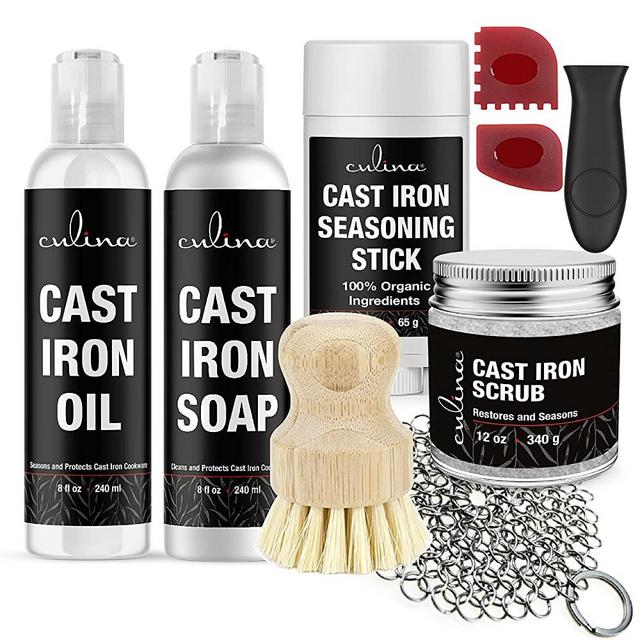 Culina Cast Iron Soap stick Conditioning Oil Stainless Scrubber Restoring Scrub brush handle and scrapers |All Natural Ingredients |for Cast Iron Cookware with handle and scrappers colors may vary