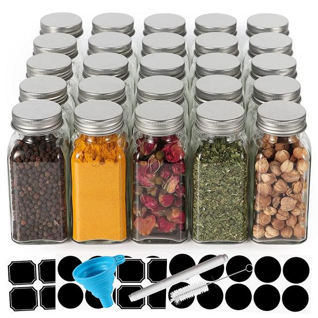 25 Pack 6 oz Empty Glass Spice Jars with Labels,180ml Square Spice Containers | Bottles with Silver Caps and Shaker Lids for Kitchen Storage(Chalk Marker,Funnel and Brush include)