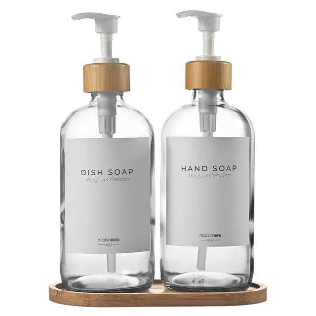 MaisoNovo Clear Glass Soap Dispenser with Pump and Bamboo Tray - Kitchen Soap Dispenser Set - Hand Soap Dispenser for Bathroom, Dish and Hand Soap Dispenser Set, Soap and Lotion Dispenser Set of 2