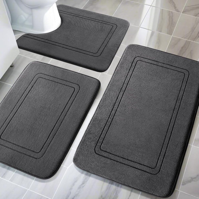 YIHOUSE Memory Foam Bath Mat Set, Bathroom Rugs Sets 3 Pieces, Non Slip Bath Mats for Bathroom, Super Soft and Water Absorbent bath rug set, Machine Washable U Shape Toilet Mats Set,Dark Grey