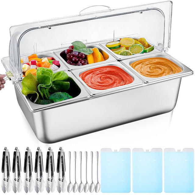 Condiment Tray Stainless Steel Serving Display Set with Lid for Buffet Restaurant Kitchen, Food Chilled Container for Salad Fruit Condiments, Keeps Food Fresh with Ice Box(6 Compartments)