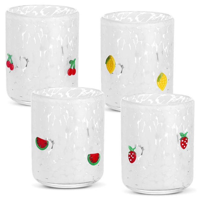 SiliFine 4 Pack Fruit Icon Juice Glasses Set - 14 oz Cherry, Watermelon, Strawberry, Lemon Stemless Glass Cup for Coffee Wine Cocktail Drinking - Summer Birthday Holiday Party Supplies & Ideal Gift