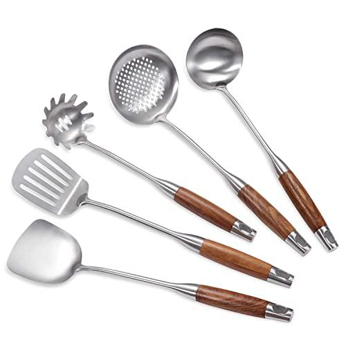 Cooking Utensil Set, IQCWOOD 5 Piece Kitchen Utensil Set, Stainless Steel Kitchen Tool Set, Kitchen Gadgets Cookware Set for Kitchen, Housewarming Gifts
