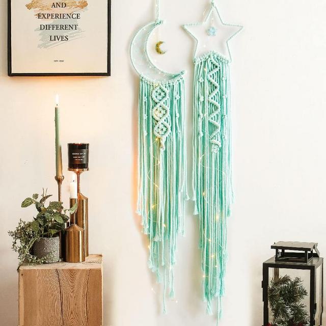 Green Star Moon Dream Catcher, Bedroom Decor, Boho Decor, Macrame Wall Hanging, Dream Catcher with Light 2pcs, Kid Gifts