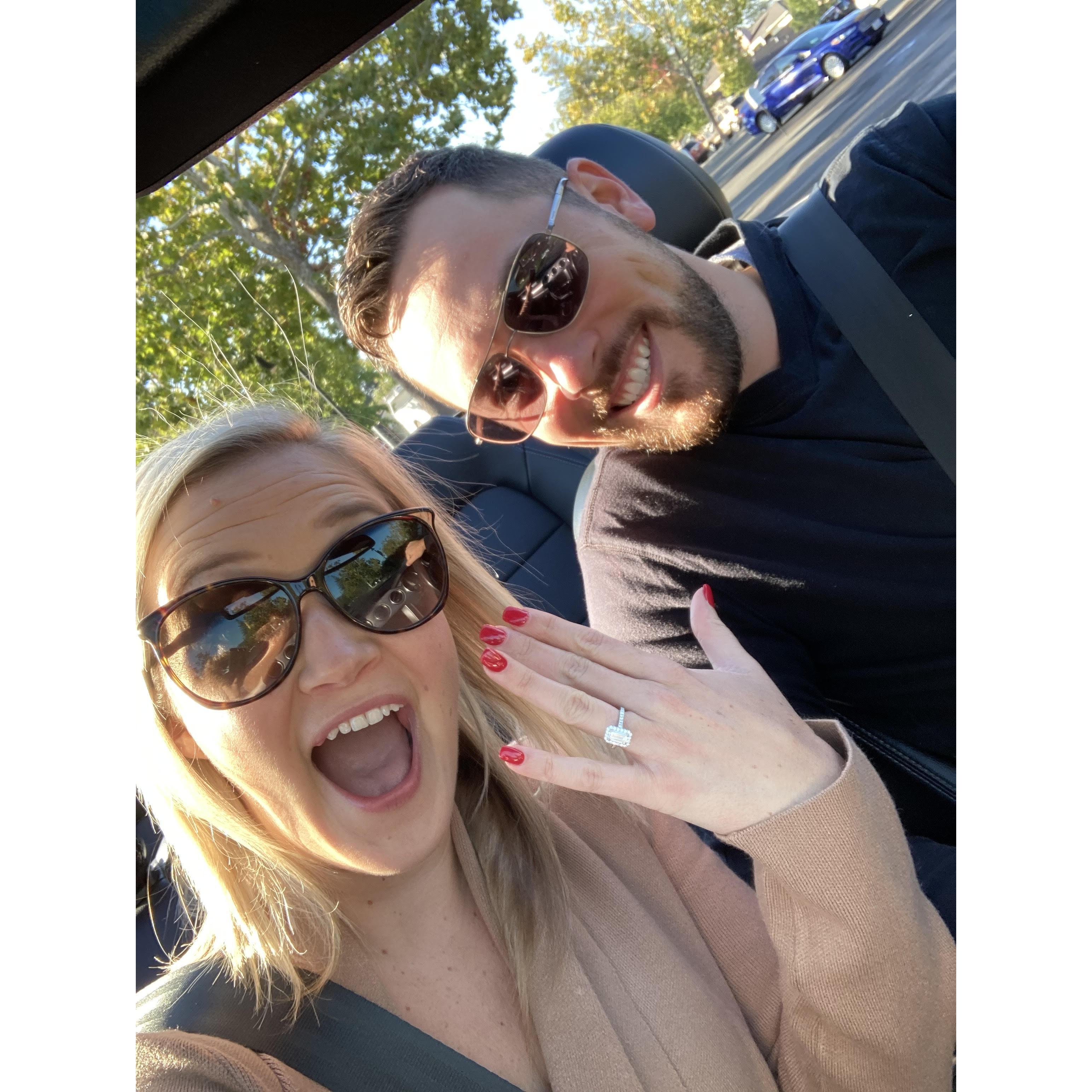 Riding in our Convertible in Napa the morning after we got engaged!