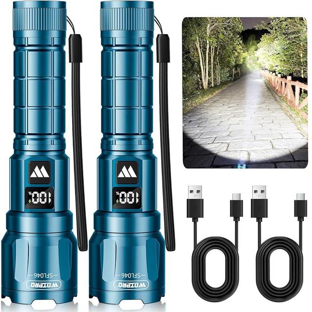 WdtPro LED Rechargeable Flashlight 2 Pack, Super Bright Zoomable 6000 Lumens Tactical Flashlight with LCD Digital Display, 3 Mode Waterproof Flash Light for Camping, Hunting & Home Emergency - Blue