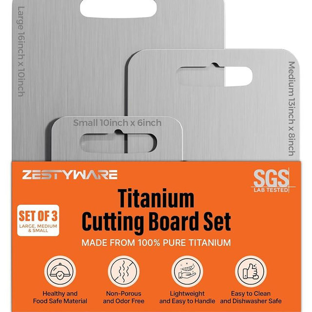 ZESTYWARE Titanium Cutting Board Set of 3, SGS Lab Tested, 100% Pure Titanium Cutting Boards for Kitchen, Double-Sided Chopping Board, Non-Toxic Material, Dishwasher & Food Grade Safe