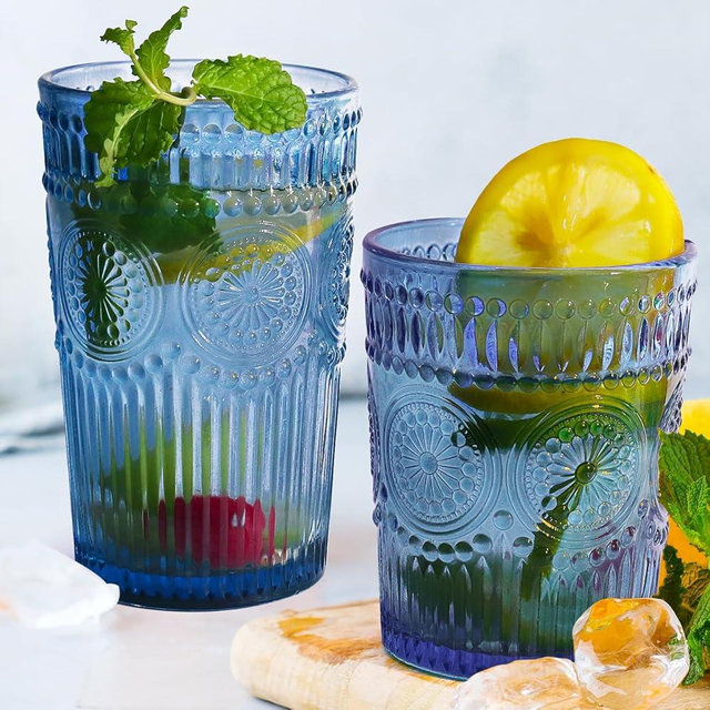 Loivttvv 12pcs Vintage Drinking Glasses Set, 13 oz Highball Glasses & 10 oz Embossed Ribbed Glassware Cups for Cocktail, Water, Juice, Coffee, Whiskey (Blue)